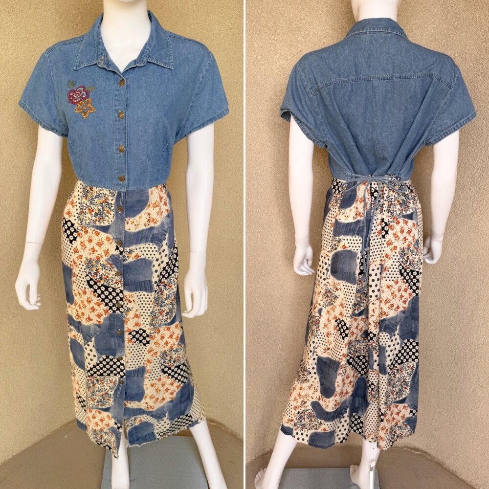 Vintage 90s Patchwork Denim Button Front Dress - image 2